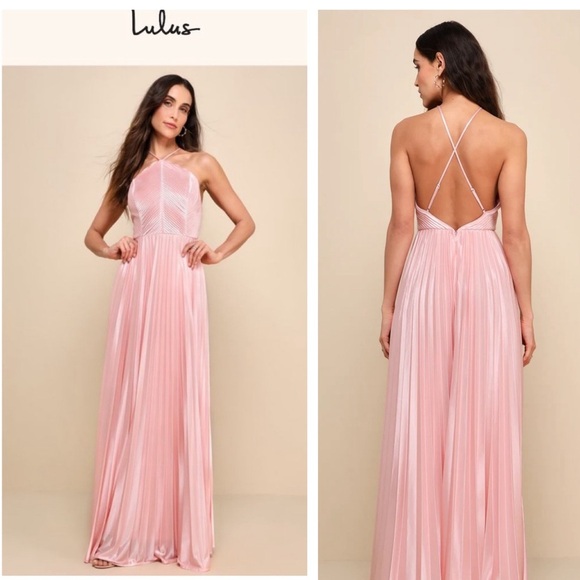 Lulu Elaborate Charm Light Pink Satin Pleated Backless Maxi Dress LG NWT $168.00 - Picture 1 of 10